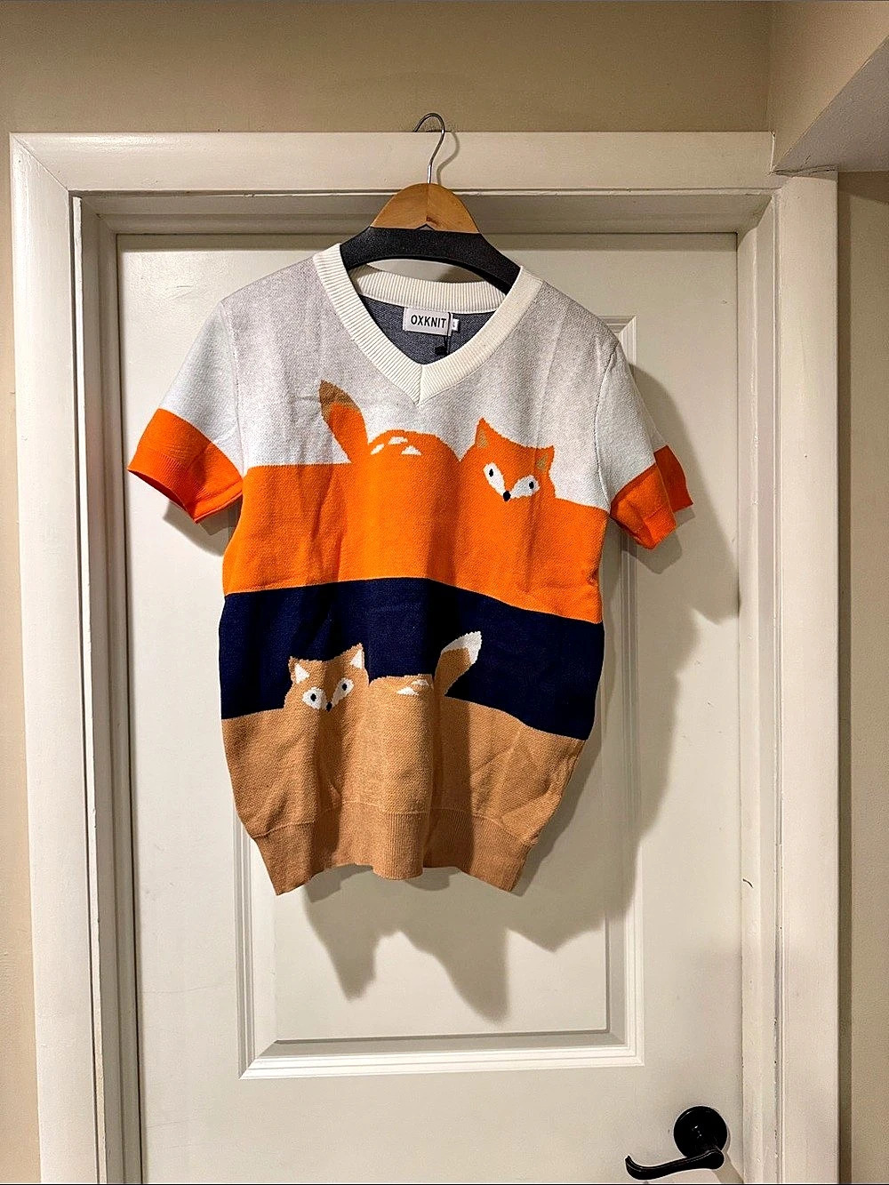 OXKNIT Fox Print Knit Sweater Color Block Short Sleeve Large